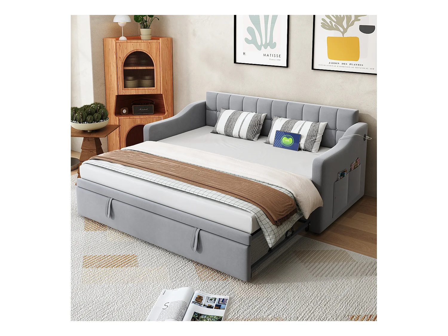 2-in-1 Schlafsofa, gepolstert, 90/180 x 190 cm, Ausziehbett mit Steckdose und Stauraum, Samtstoff, Grau