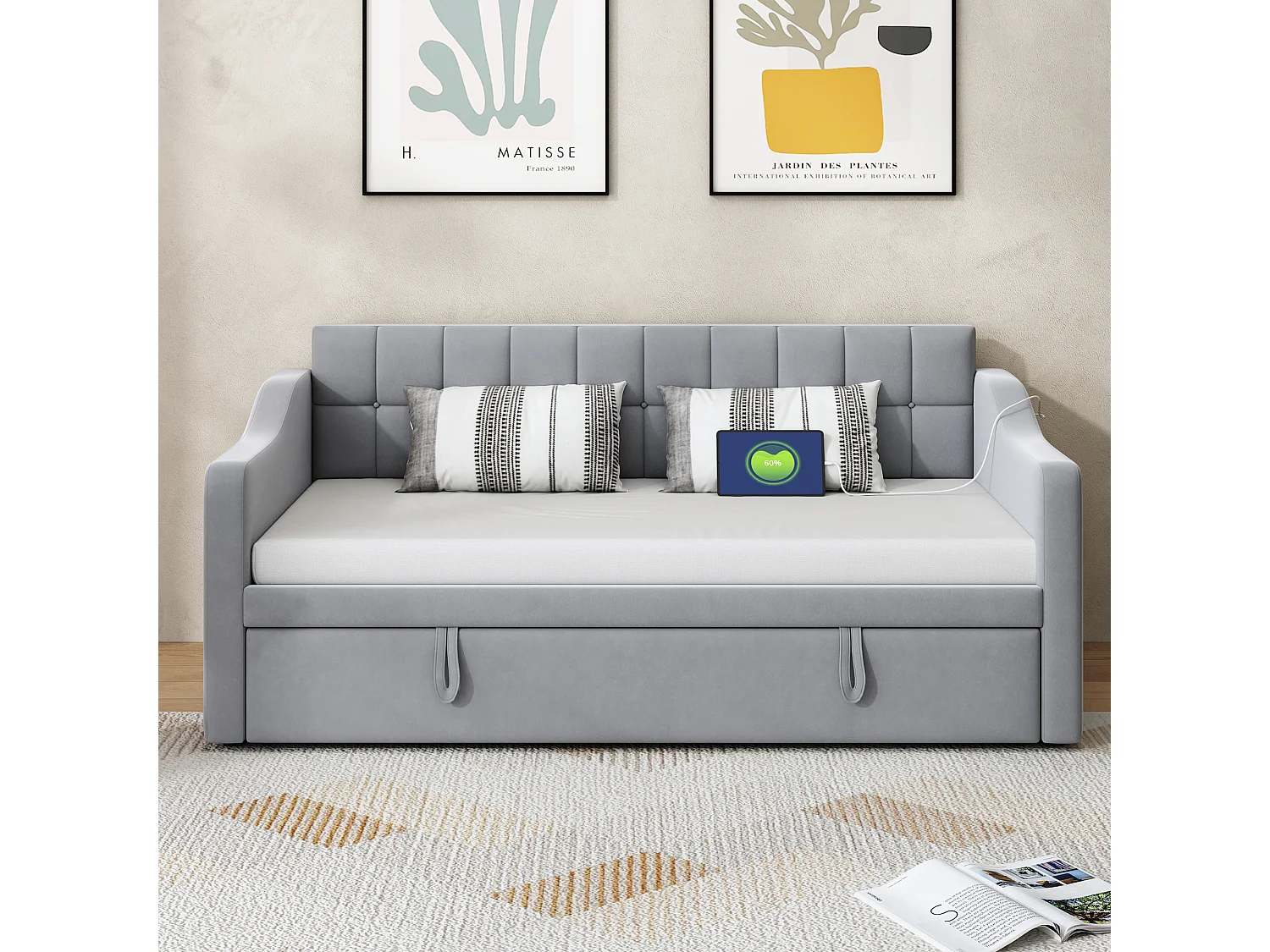 Canapé-lit rembourré 2 en 1 - 90/180 x 190 cm - lit gigogne avec prise et rangement - Tissu velours - gris