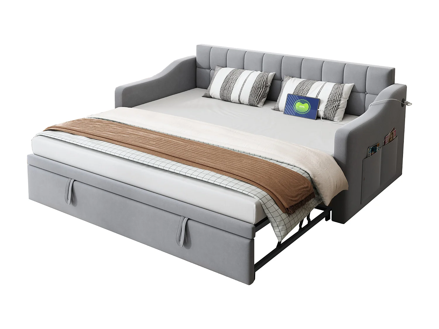 Canapé-lit rembourré 2 en 1 - 90/180 x 190 cm - lit gigogne avec prise et rangement - Tissu velours - gris