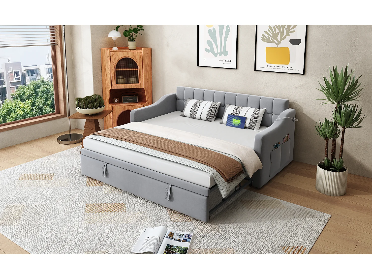 Canapé-lit rembourré 2 en 1 - 90/180 x 190 cm - lit gigogne avec prise et rangement - Tissu velours - gris