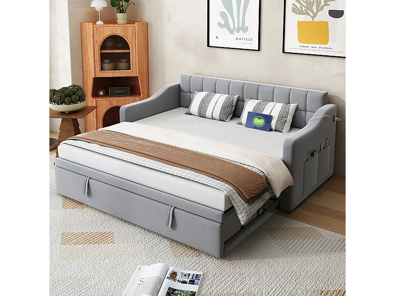 2-in-1 gestoffeerde slaapbank - 90/180 x 190 cm - uitschuifbed met stopcontact en opbergruimte - fluwelen stof - grijs