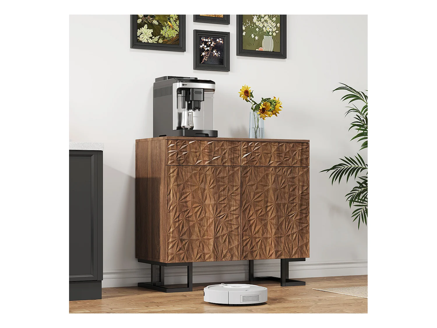 Buffet commode vintage - 80 x 40 x 78 cm - avec relief de feuilles + 2 tiroirs + 2 portes - MDF - marron