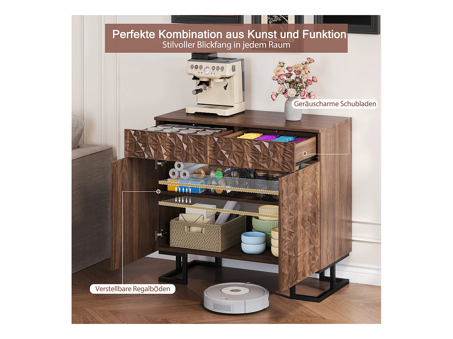 Buffet commode vintage - 80 x 40 x 78 cm - avec relief de feuilles + 2 tiroirs + 2 portes - MDF - marron