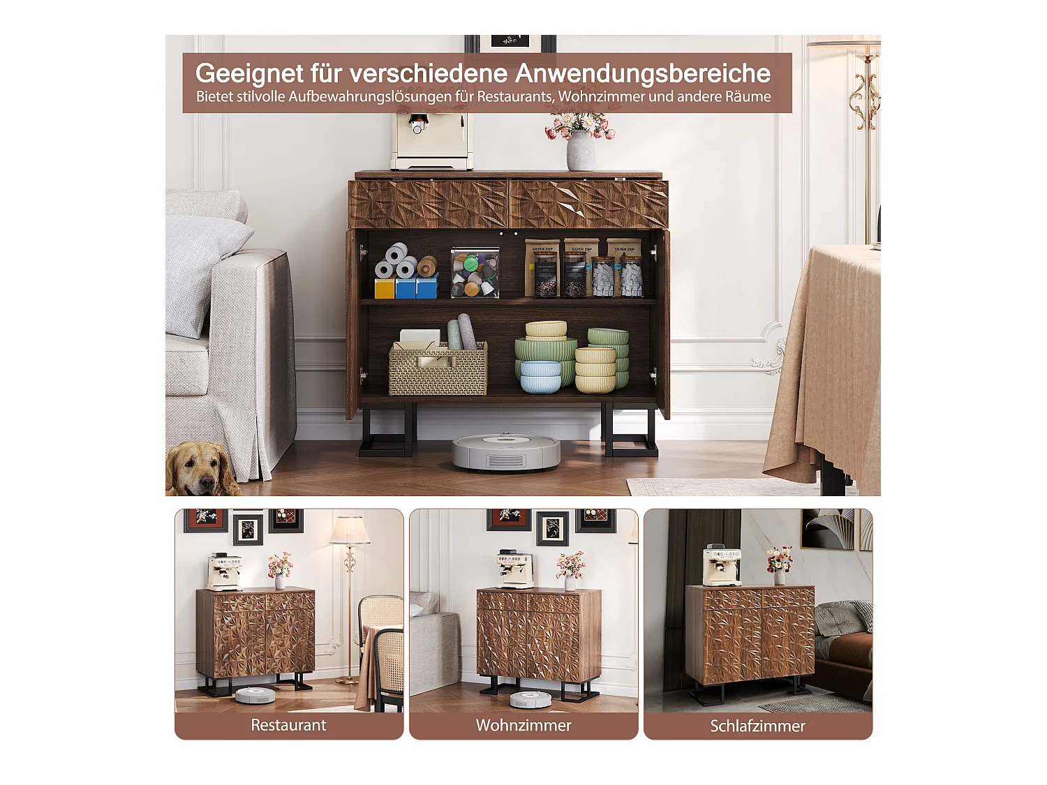 Buffet commode vintage - 80 x 40 x 78 cm - avec relief de feuilles + 2 tiroirs + 2 portes - MDF - marron