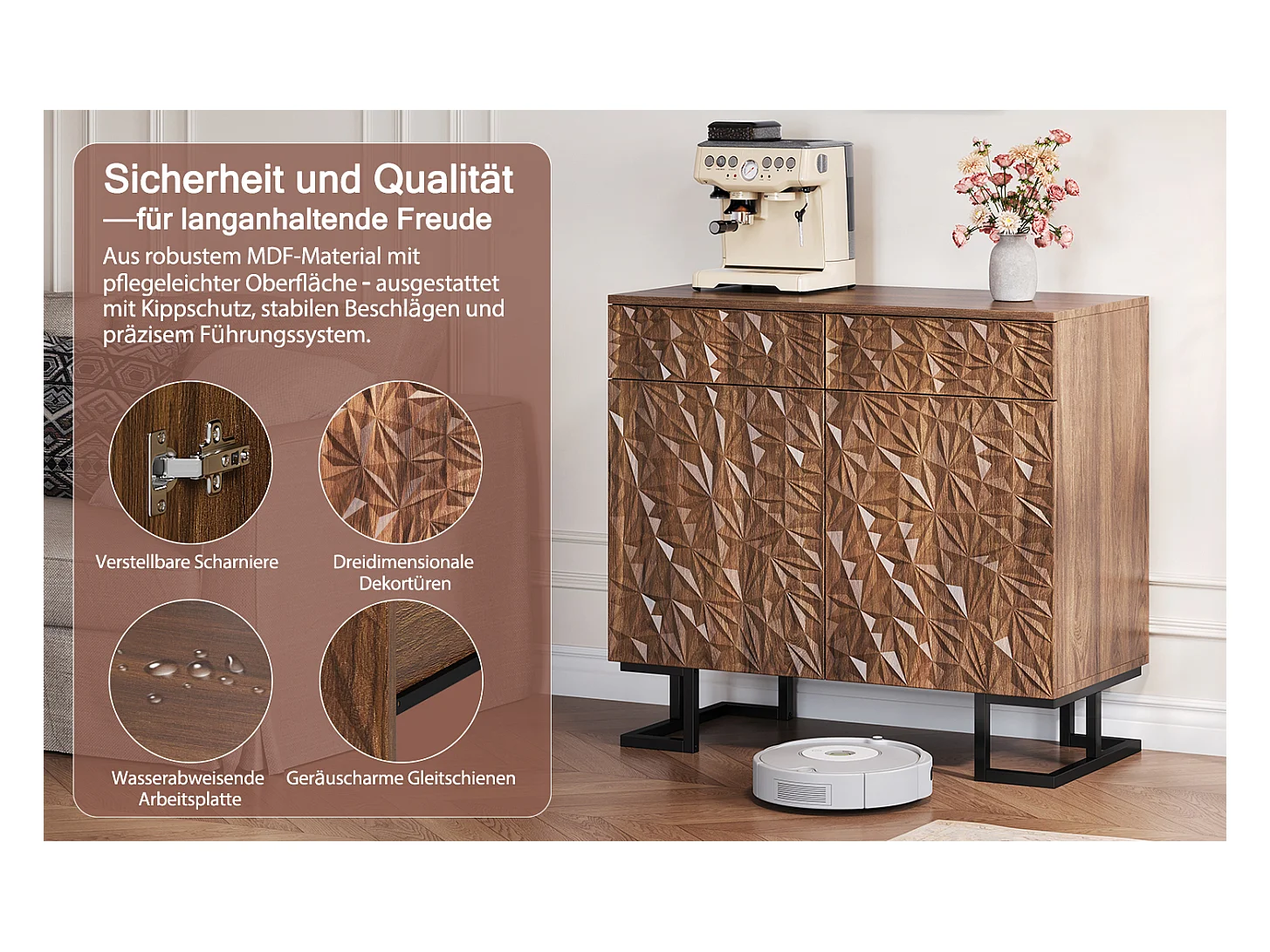 Buffet commode vintage - 80 x 40 x 78 cm - avec relief de feuilles + 2 tiroirs + 2 portes - MDF - marron