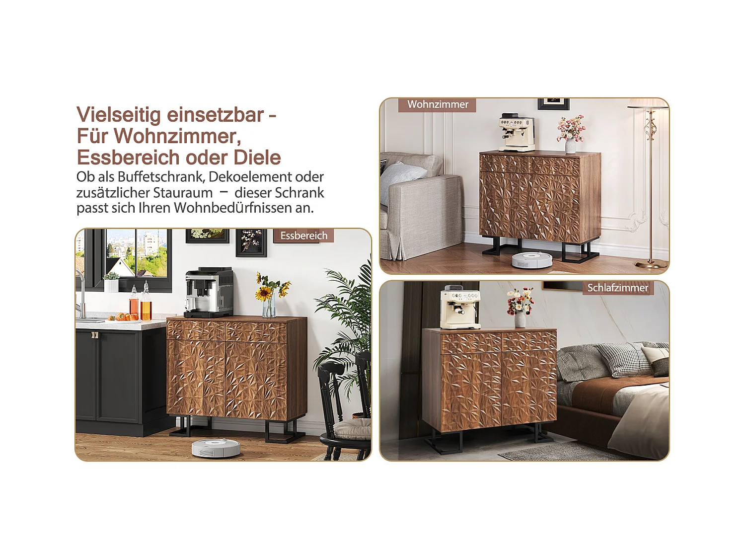 Buffet commode vintage - 80 x 40 x 78 cm - avec relief de feuilles + 2 tiroirs + 2 portes - MDF - marron