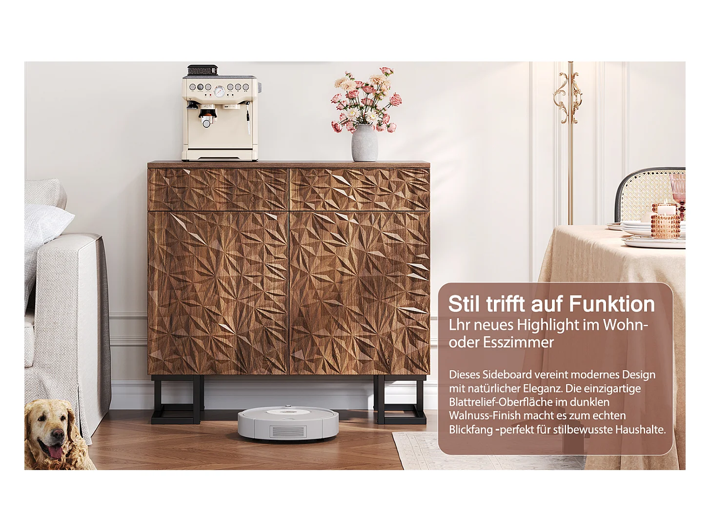 Buffet commode vintage - 80 x 40 x 78 cm - avec relief de feuilles + 2 tiroirs + 2 portes - MDF - marron