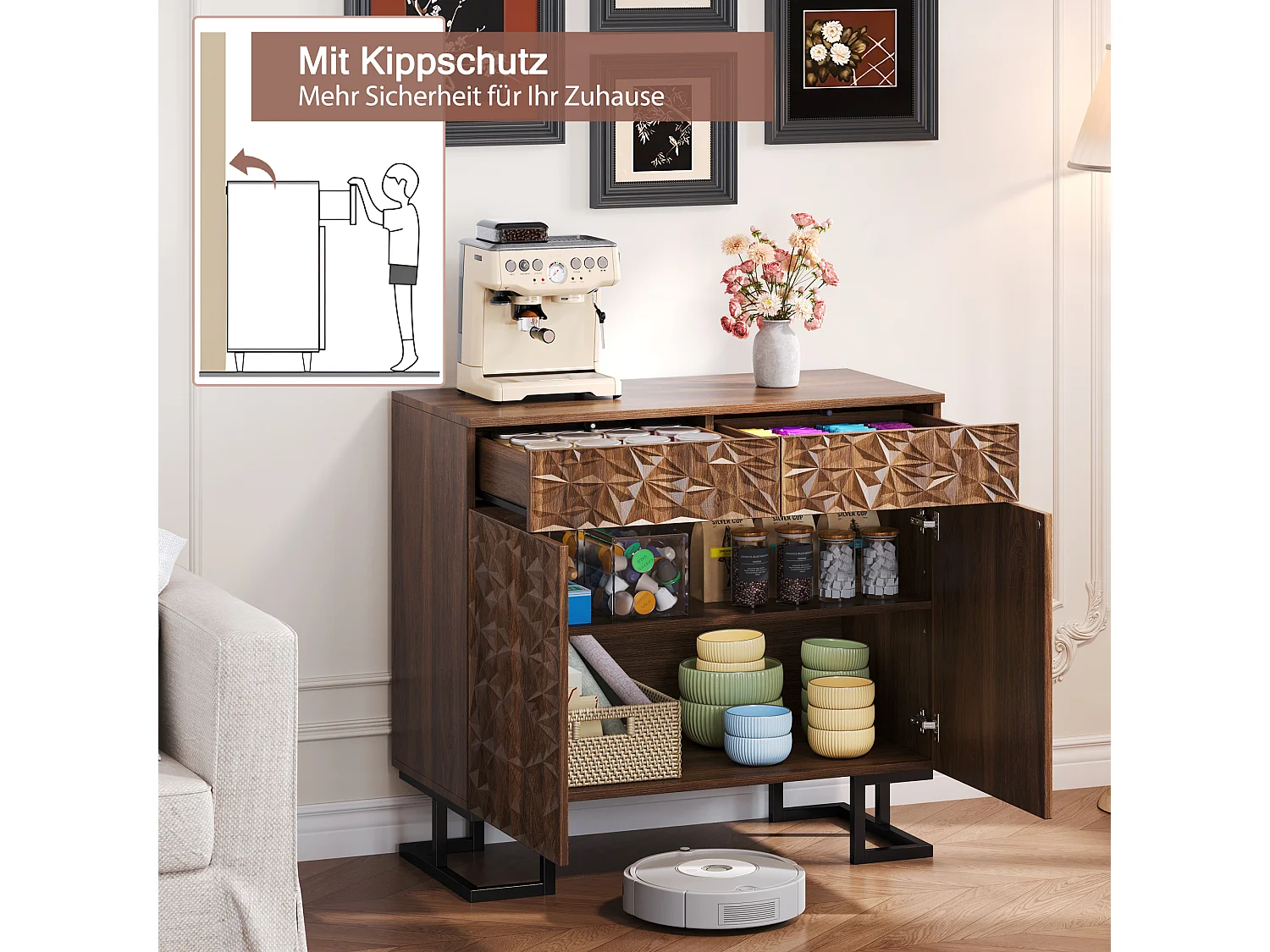 Buffet commode vintage - 80 x 40 x 78 cm - avec relief de feuilles + 2 tiroirs + 2 portes - MDF - marron