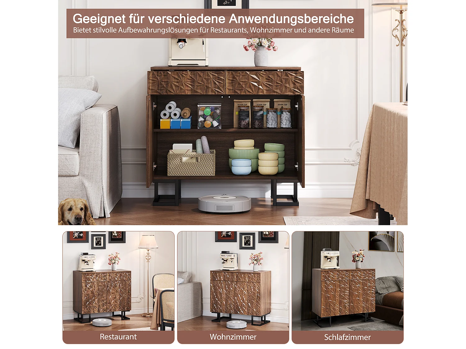 Buffet commode vintage - 80 x 40 x 78 cm - avec relief de feuilles + 2 tiroirs + 2 portes - MDF - marron