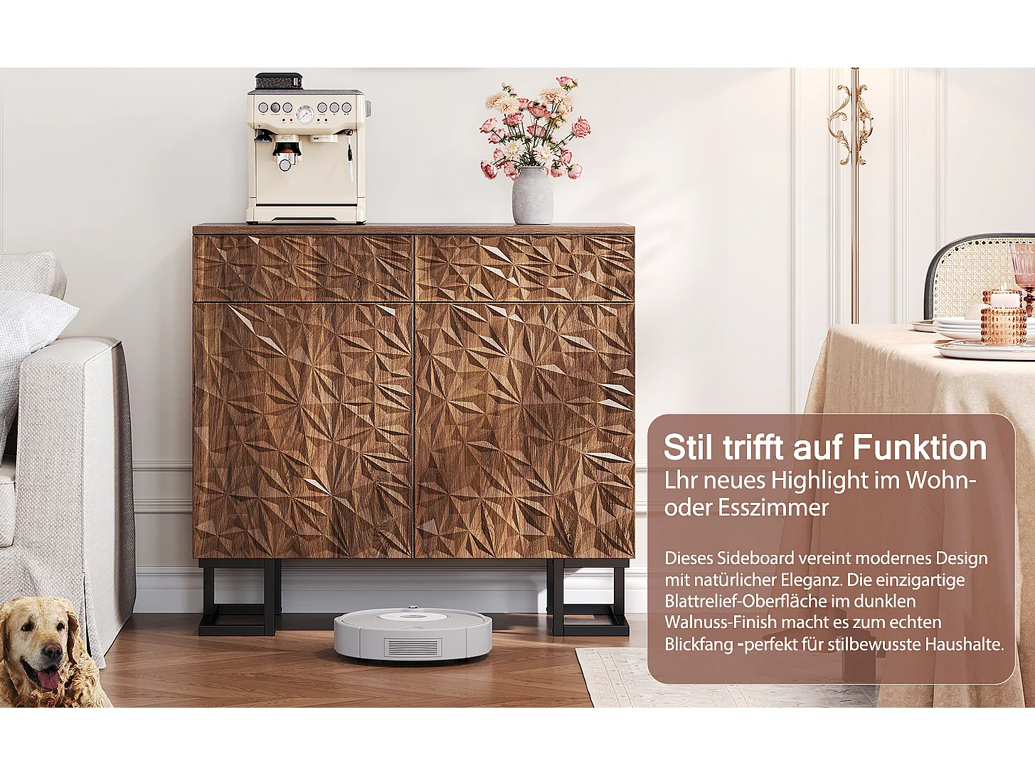 Buffet commode vintage - 80 x 40 x 78 cm - avec relief de feuilles + 2 tiroirs + 2 portes - MDF - marron