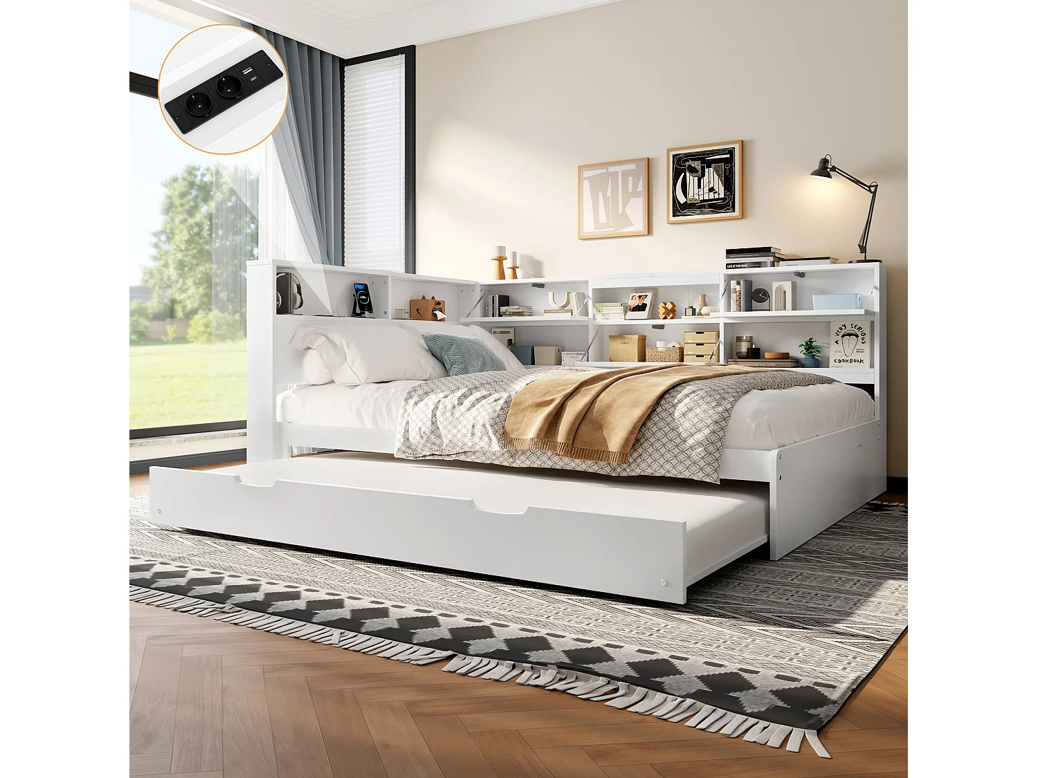 Canapé-lit enfant - 140 x 200cm + 90 x 190 cm - lit gigogne - tête de lit avec rangement - bois + MDF - blanc