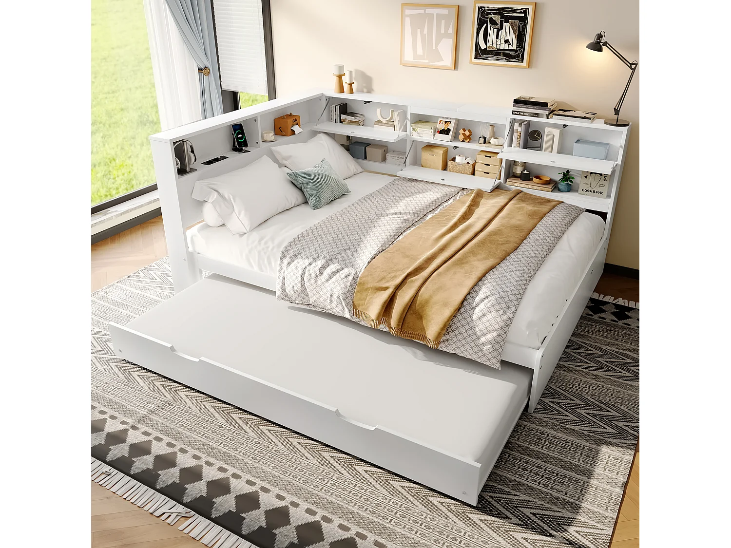 Canapé-lit enfant - 140 x 200cm + 90 x 190 cm - lit gigogne - tête de lit avec rangement - bois + MDF - blanc