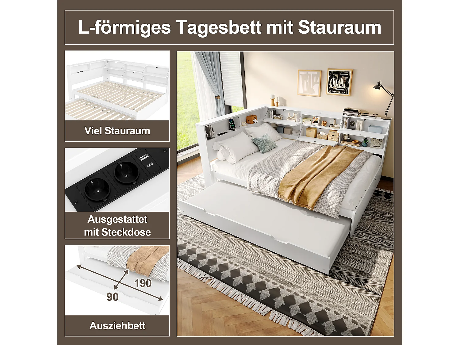 Canapé-lit enfant - 140 x 200cm + 90 x 190 cm - lit gigogne - tête de lit avec rangement - bois + MDF - blanc