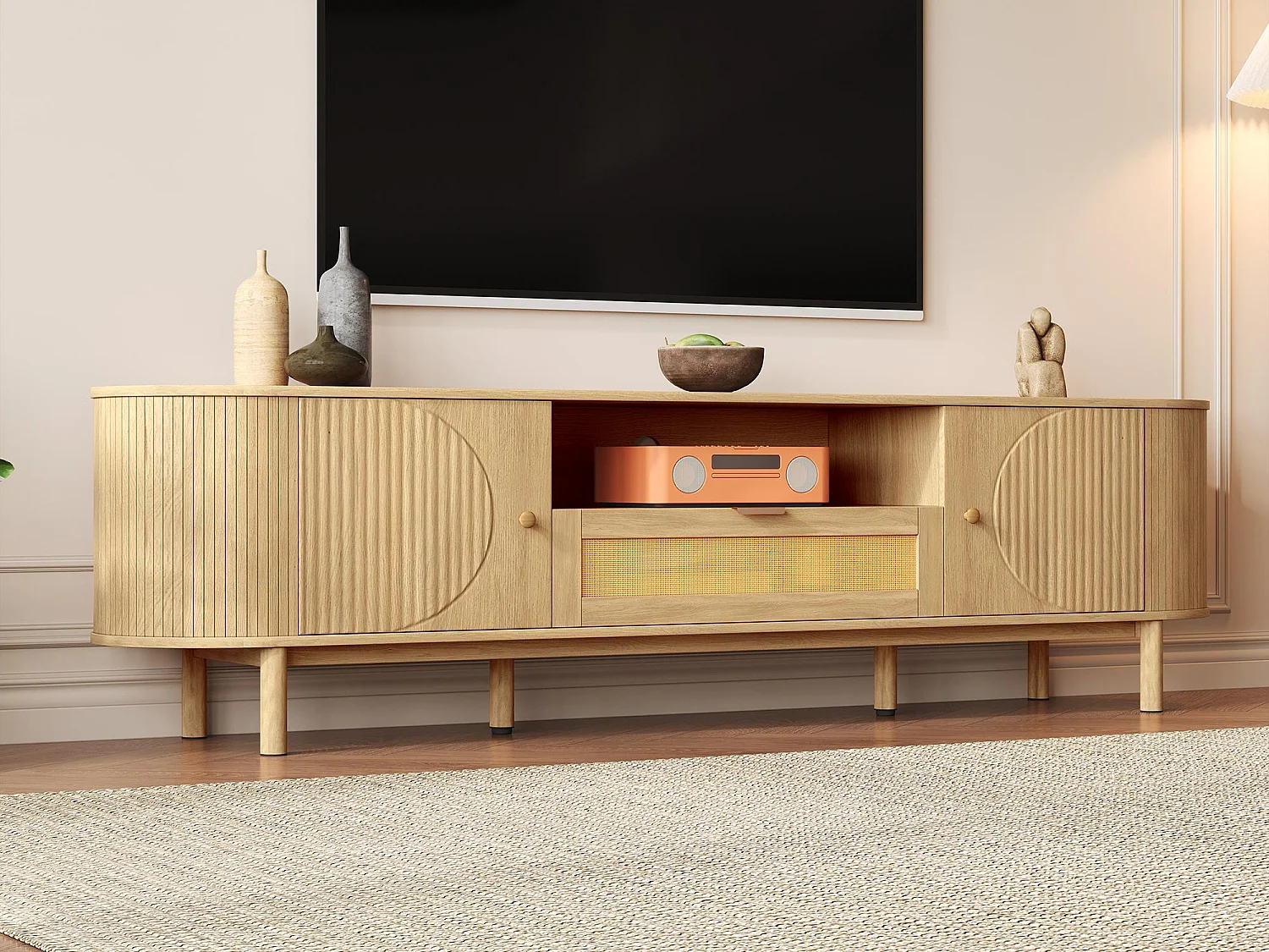 Modern TV-meubel 175×36×51 cm - met 2 deuren en 1 rotan lade - open planken - naturel