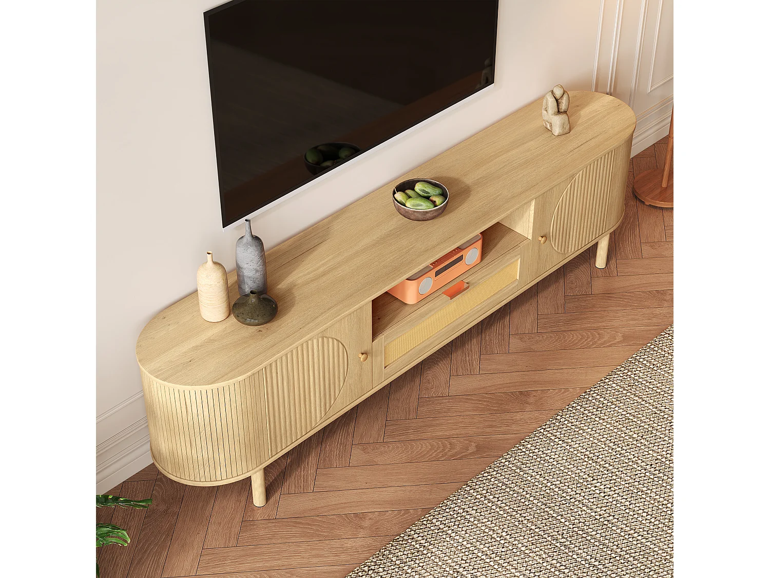Modern TV-meubel 175×36×51 cm - met 2 deuren en 1 rotan lade - open planken - naturel