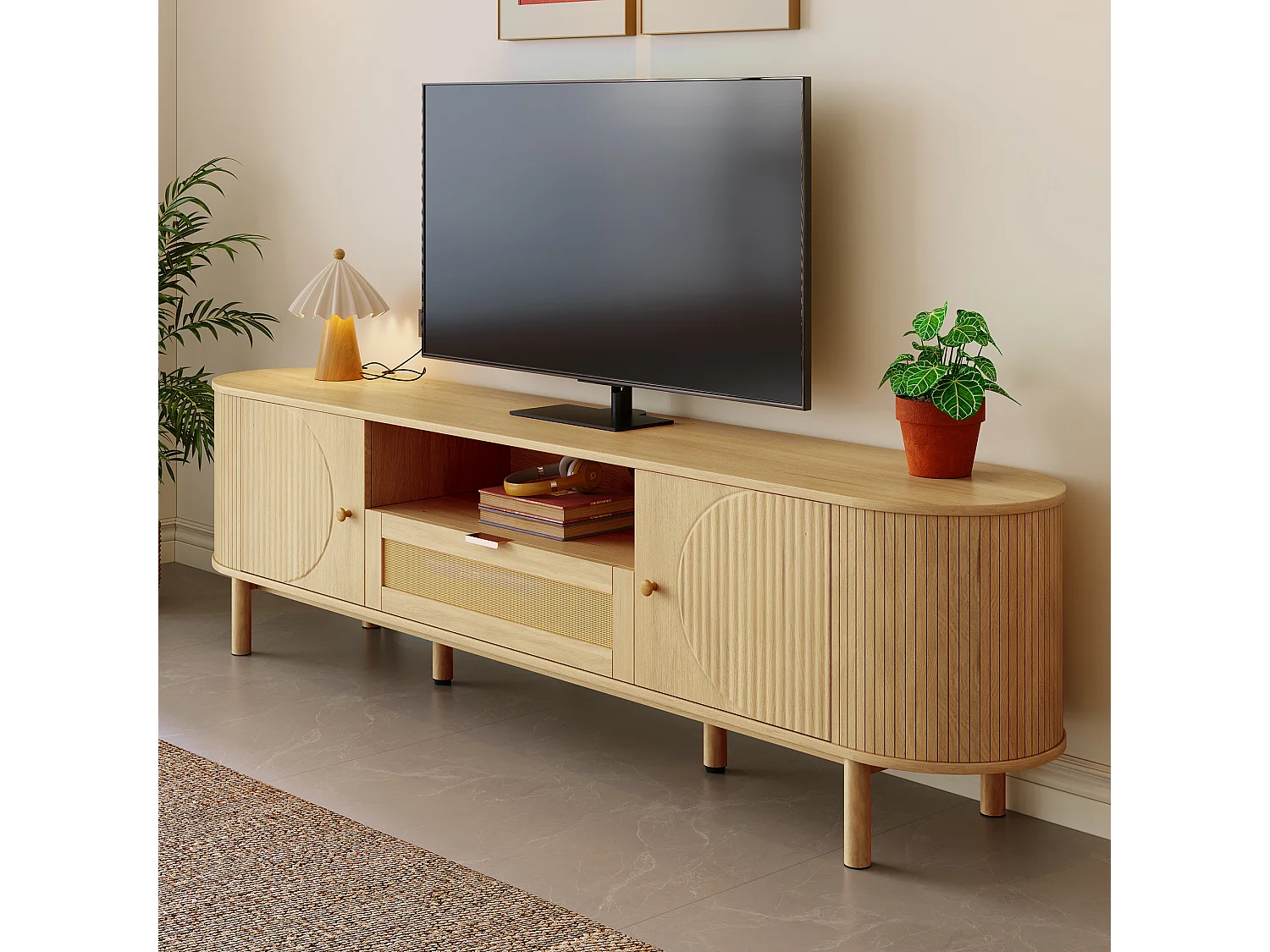 Modern TV-meubel 175×36×51 cm - met 2 deuren en 1 rotan lade - open planken - naturel