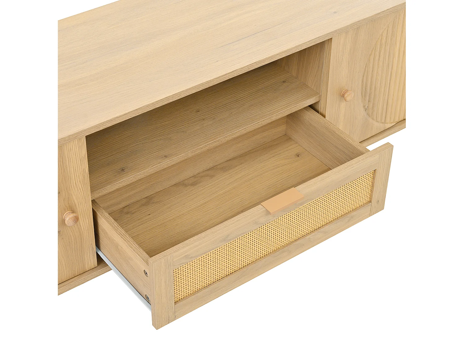 Modern TV-meubel 175×36×51 cm - met 2 deuren en 1 rotan lade - open planken - naturel