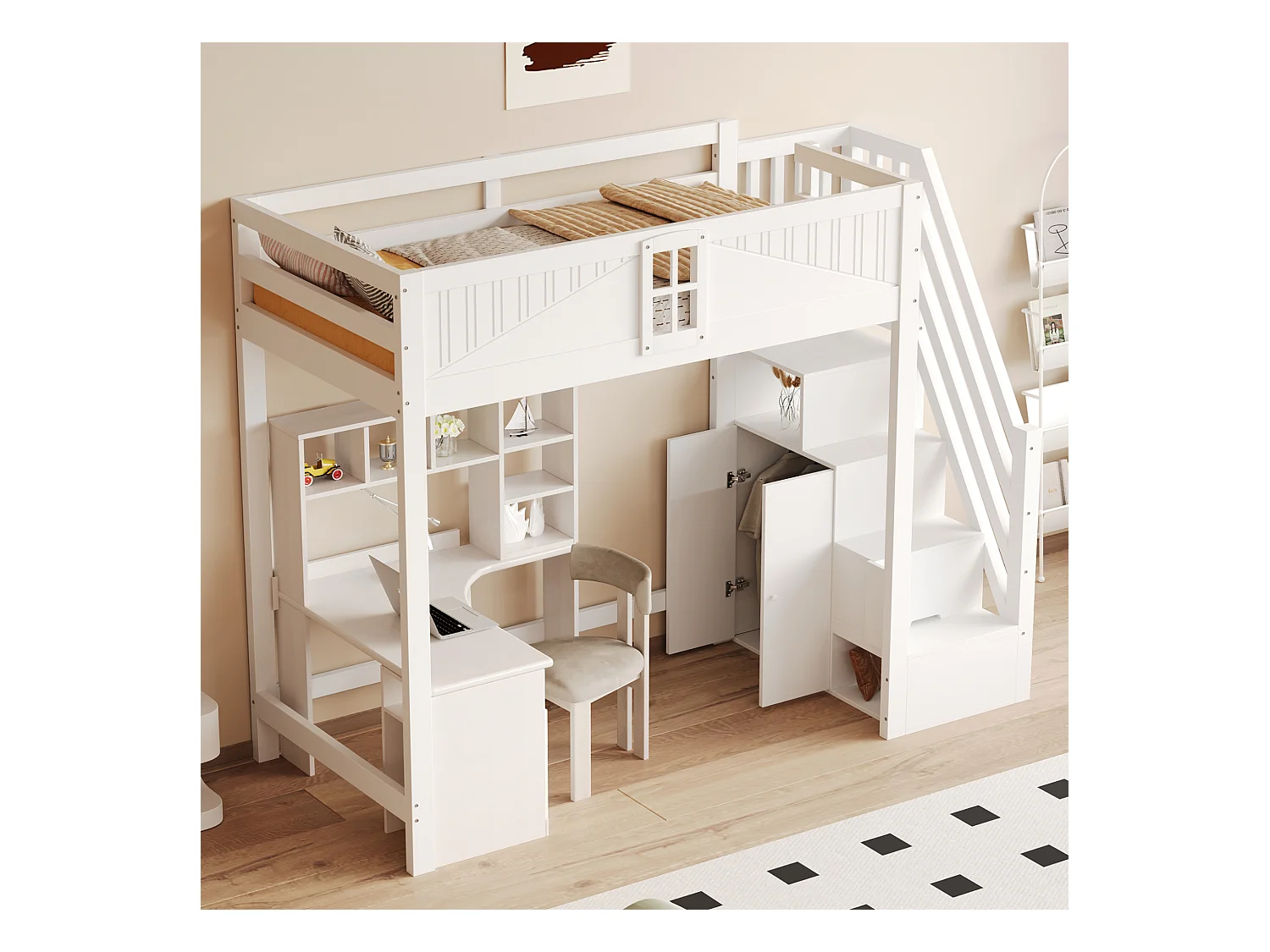 Lit mezzanine enfant - 90 x 200 cm - avec escalier rangement + fenêtre + armoire - bois + MDF - blanc