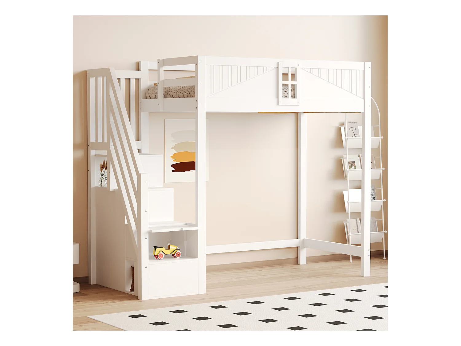 Lit mezzanine enfant - 90 x 200 cm - avec escalier rangement + fenêtre + armoire - bois + MDF - blanc