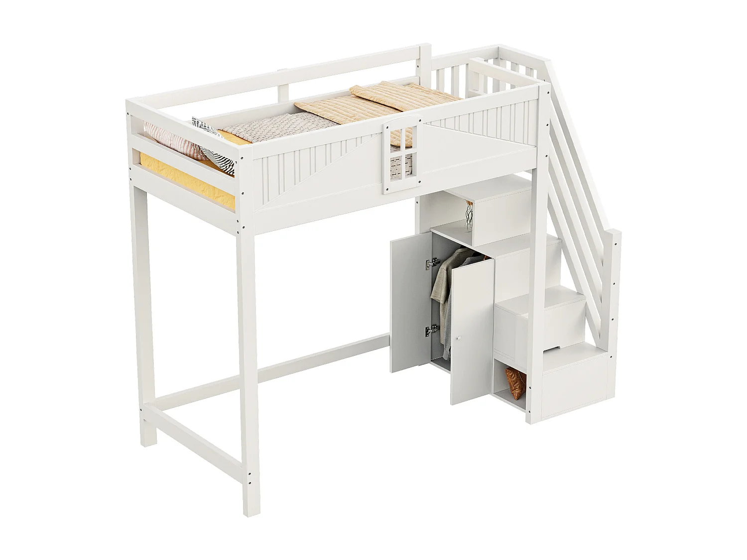 Lit mezzanine enfant - 90 x 200 cm - avec escalier rangement + fenêtre + armoire - bois + MDF - blanc