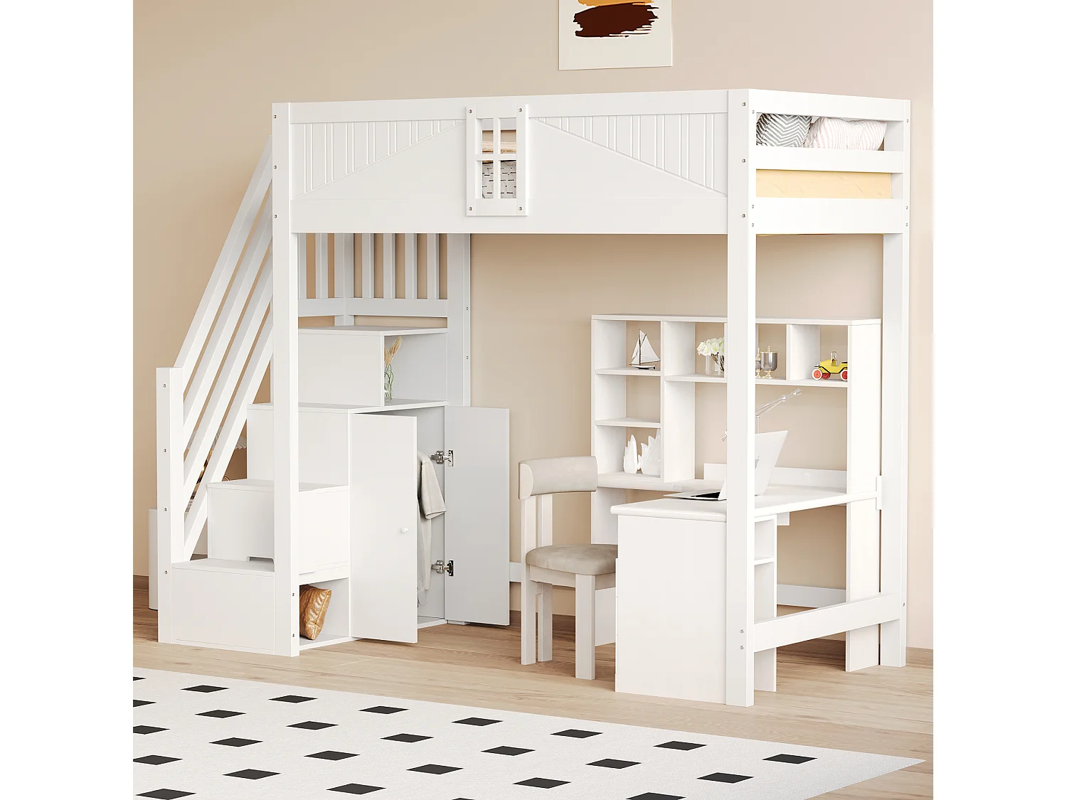 Loftsäng för barn – 90 x 200 cm – med förvaringstrappa, fönster och garderob – trä och MDF – vit (skrivbord ingår ej)