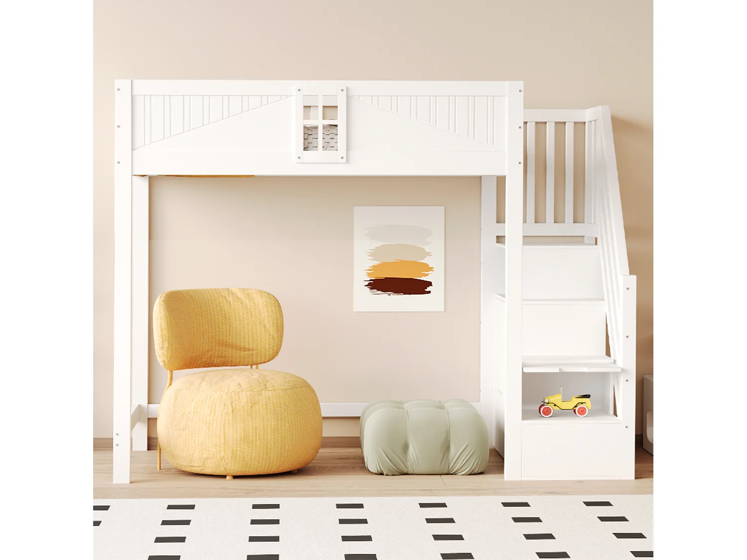 Loftsäng för barn – 90 x 200 cm – med förvaringstrappa, fönster och garderob – trä och MDF – vit (skrivbord ingår ej)