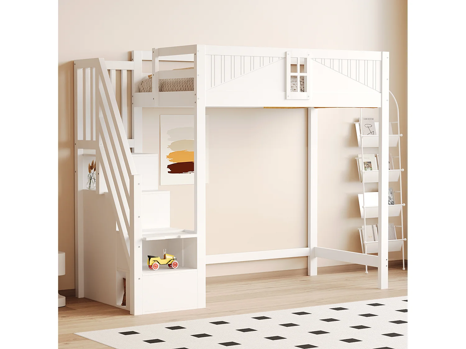 Loftsäng för barn – 90 x 200 cm – med förvaringstrappa, fönster och garderob – trä och MDF – vit (skrivbord ingår ej)