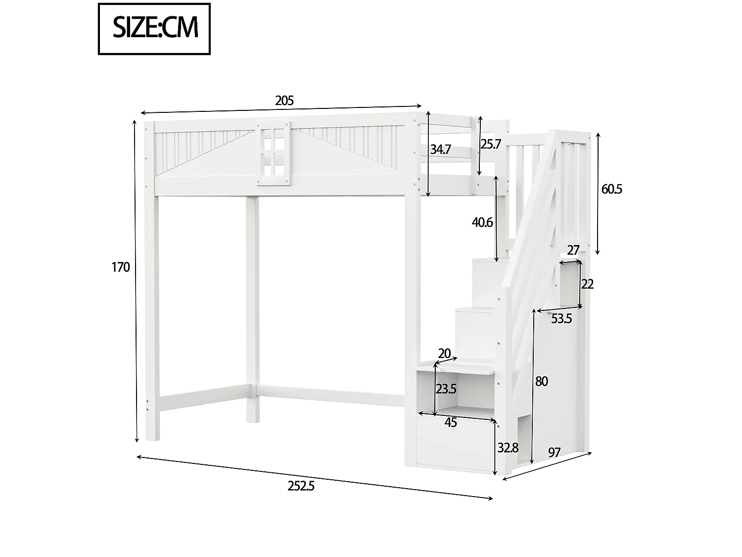 Loftsäng för barn – 90 x 200 cm – med förvaringstrappa, fönster och garderob – trä och MDF – vit (skrivbord ingår ej)