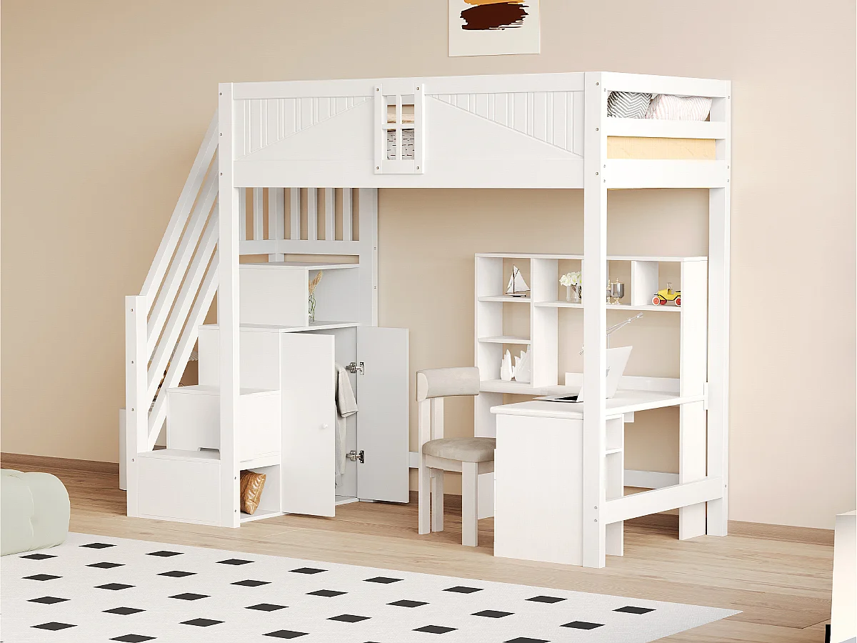 Loftsäng för barn – 90 x 200 cm – med förvaringstrappa, fönster och garderob – trä och MDF – vit (skrivbord ingår ej)