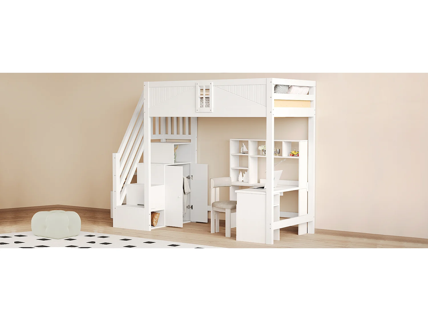 Loftsäng för barn – 90 x 200 cm – med förvaringstrappa, fönster och garderob – trä och MDF – vit (skrivbord ingår ej)