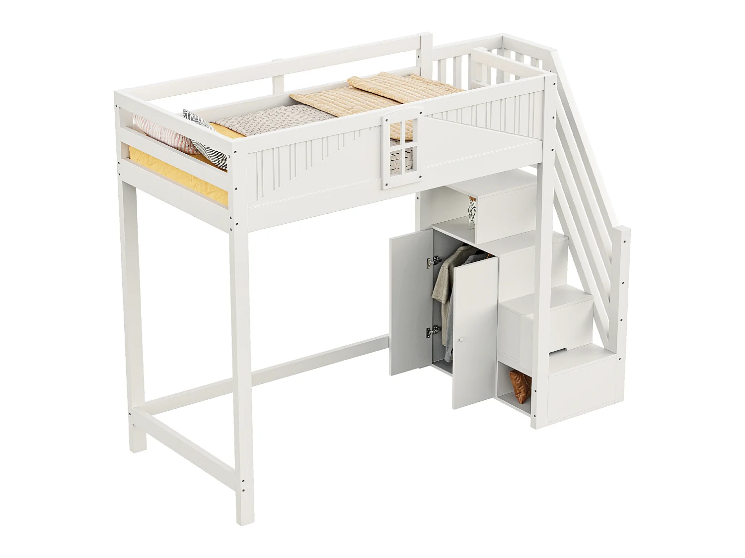 Loftsäng för barn – 90 x 200 cm – med förvaringstrappa, fönster och garderob – trä och MDF – vit (skrivbord ingår ej)