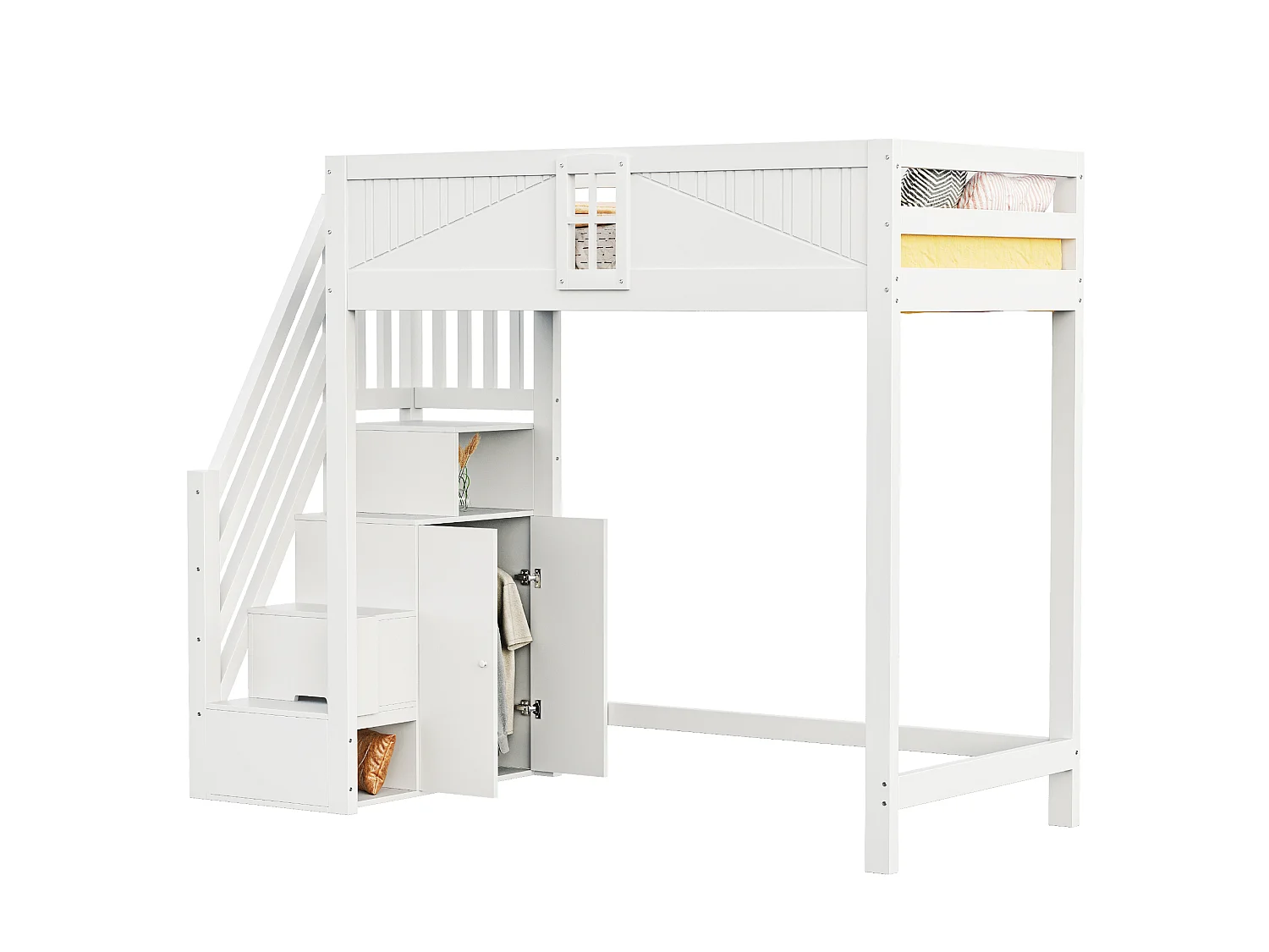 Loftsäng för barn – 90 x 200 cm – med förvaringstrappa, fönster och garderob – trä och MDF – vit (skrivbord ingår ej)