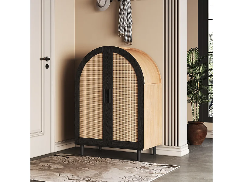 Aparador/zapatero - 70 x 40 x 100 cm - con 2 puertas de ratán caladas + 3 estantes - MDF - natural