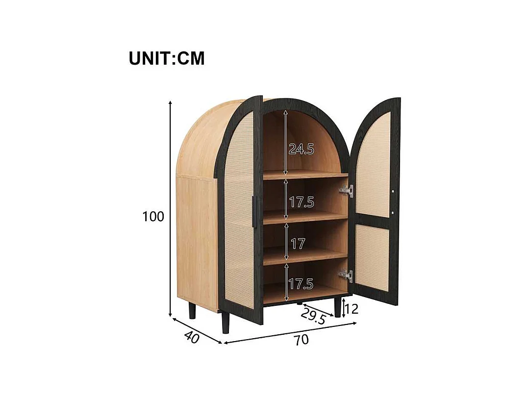 Buffet/ meuble à chaussures - 70 x 40 x 100 cm - avec 2 portes ajourées en rotin + 3 étagères - MDF - naturel