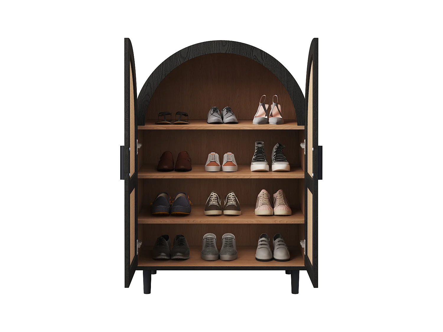 Buffet/ meuble à chaussures - 70 x 40 x 100 cm - avec 2 portes ajourées en rotin + 3 étagères - MDF - naturel