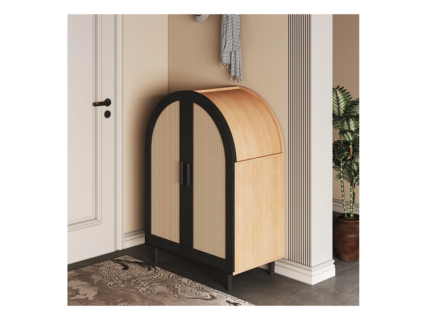 Buffet/ meuble à chaussures - 70 x 40 x 100 cm - avec 2 portes ajourées en rotin + 3 étagères - MDF - naturel