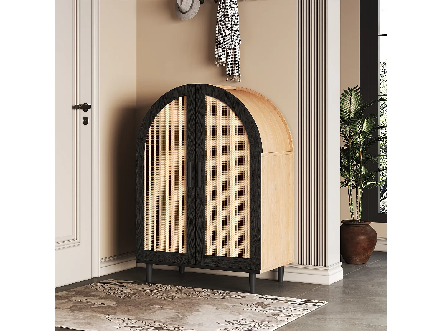 Credenza/scarpiera - 70 x 40 x 100 cm - con 2 ante in rattan traforato + 3 ripiani - MDF - naturale