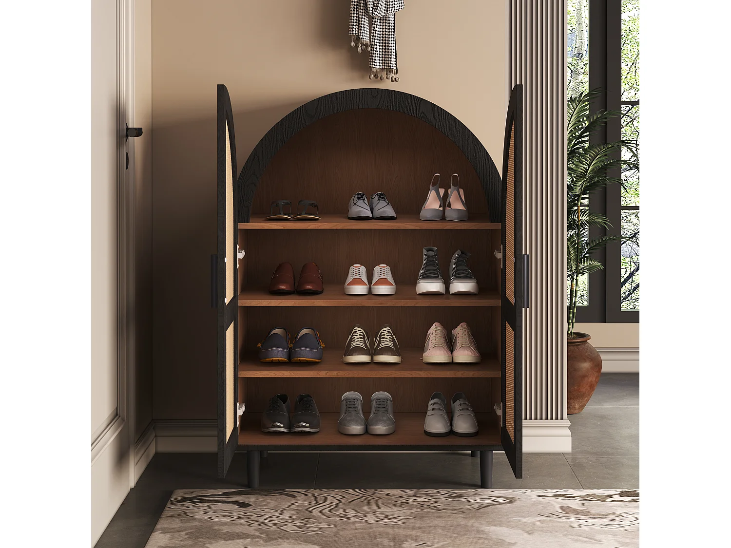 Credenza/scarpiera - 70 x 40 x 100 cm - con 2 ante in rattan traforato + 3 ripiani - MDF - naturale