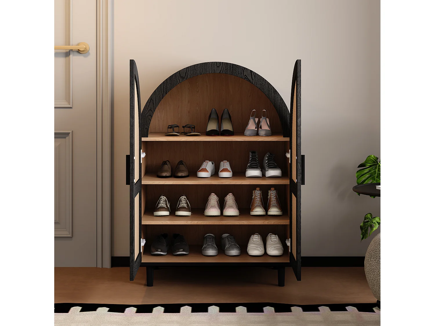 Credenza/scarpiera - 70 x 40 x 100 cm - con 2 ante in rattan traforato + 3 ripiani - MDF - naturale