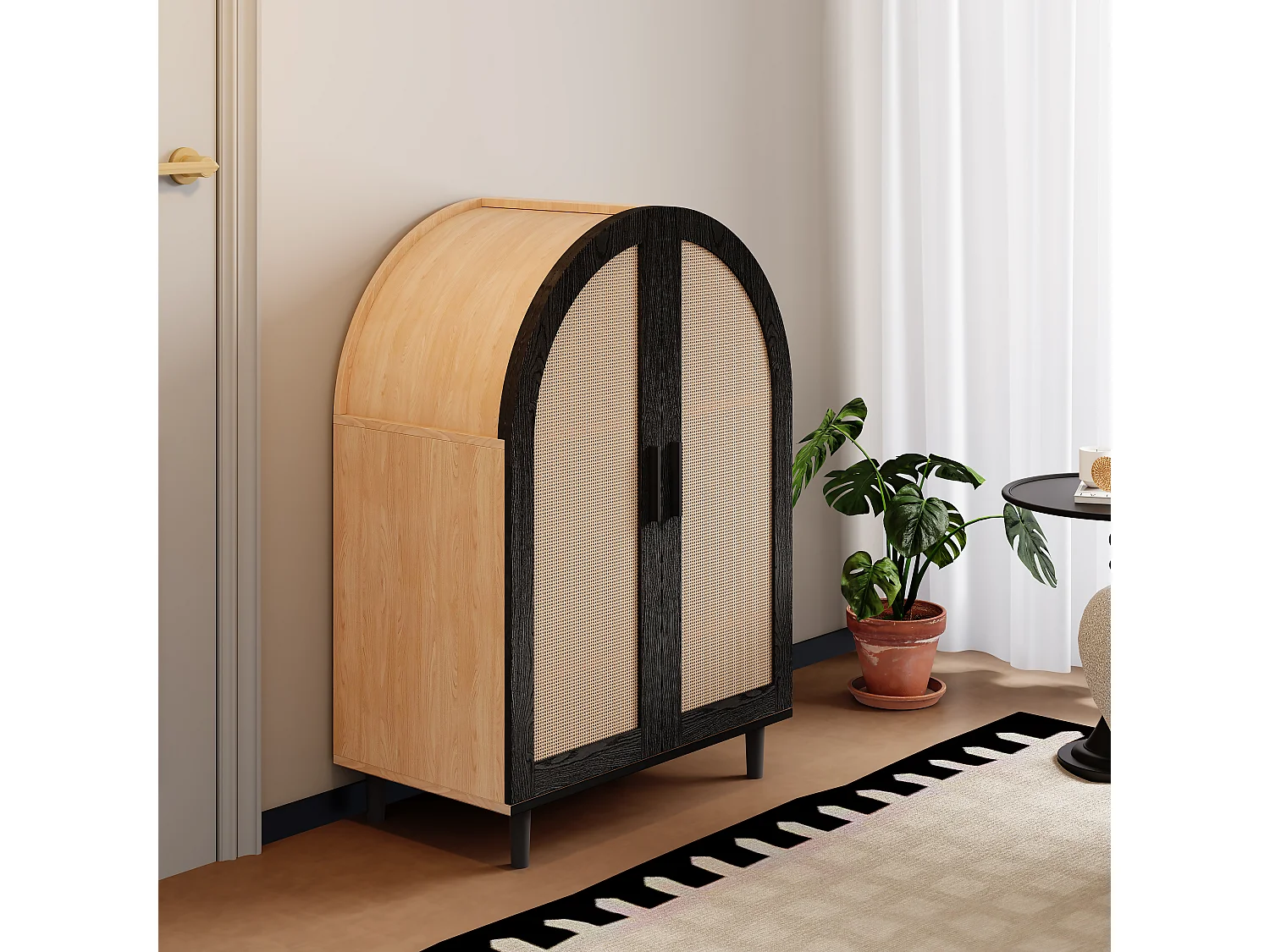 Credenza/scarpiera - 70 x 40 x 100 cm - con 2 ante in rattan traforato + 3 ripiani - MDF - naturale