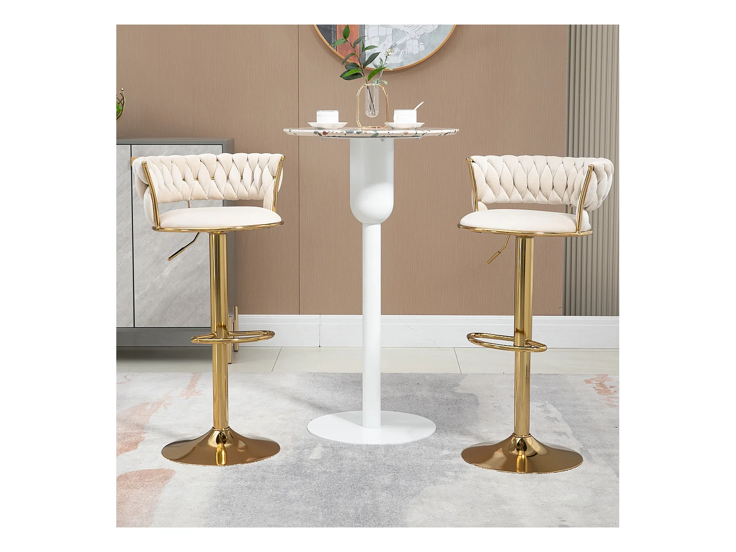 Lot de 2 tabourets de bar pivotants à 360°- 54 x 46 x 78/97 - réglable en hauteur avec dossier - velours - ivoire