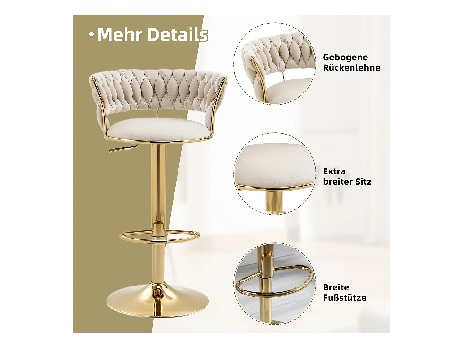 Lot de 2 tabourets de bar pivotants à 360°- 54 x 46 x 78/97 - réglable en hauteur avec dossier - velours - ivoire