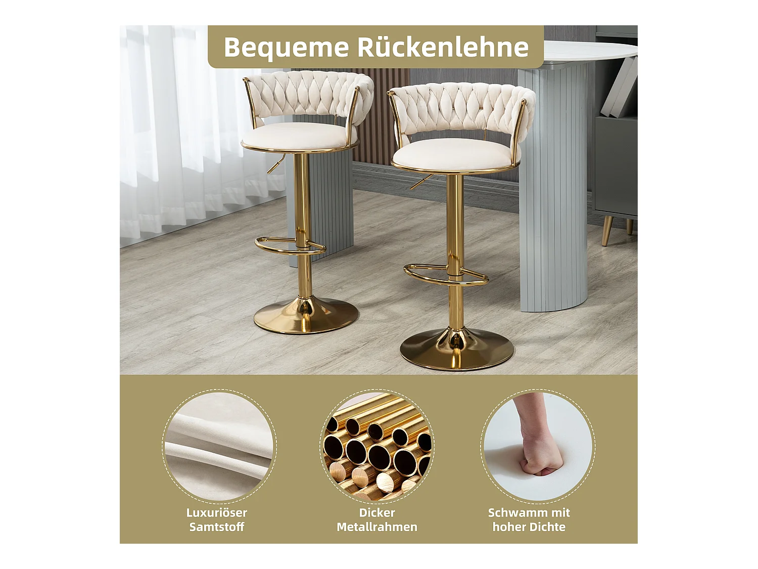 Lot de 2 tabourets de bar pivotants à 360°- 54 x 46 x 78/97 - réglable en hauteur avec dossier - velours - ivoire