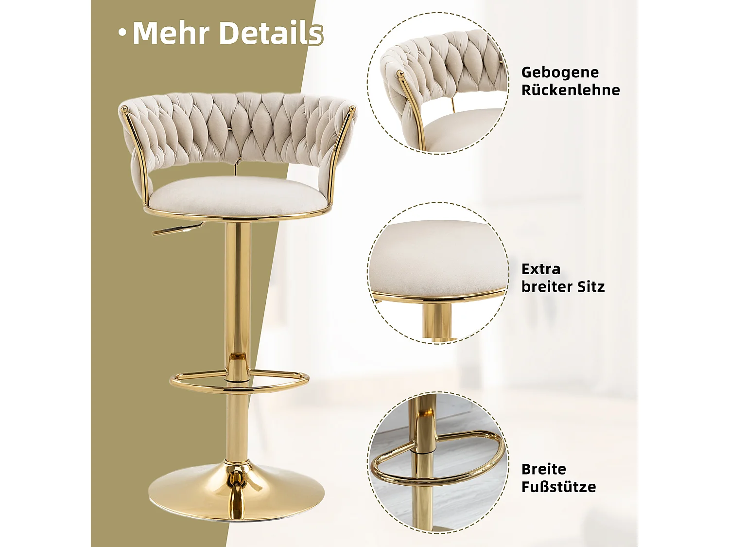 2er Set 360° drehbare Barhocker - 54 x 46 x 78/97 - höhenverstellbar mit Rückenlehne - Samt - Elfenbein