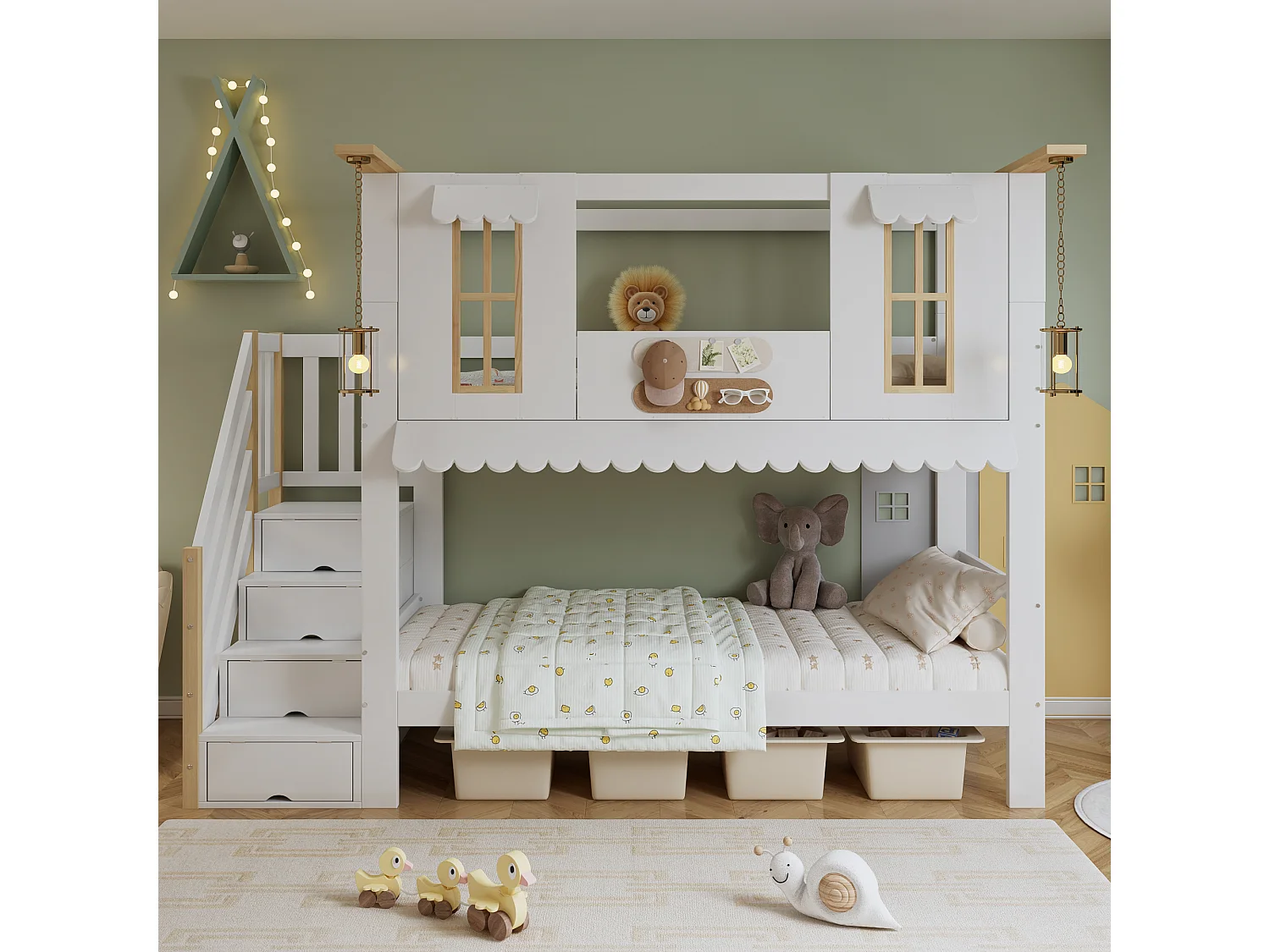 Litera infantil - 2 x 90 x 200 cm - con escalera de almacenaje + ventanas - pino + MDF - blanco + natural