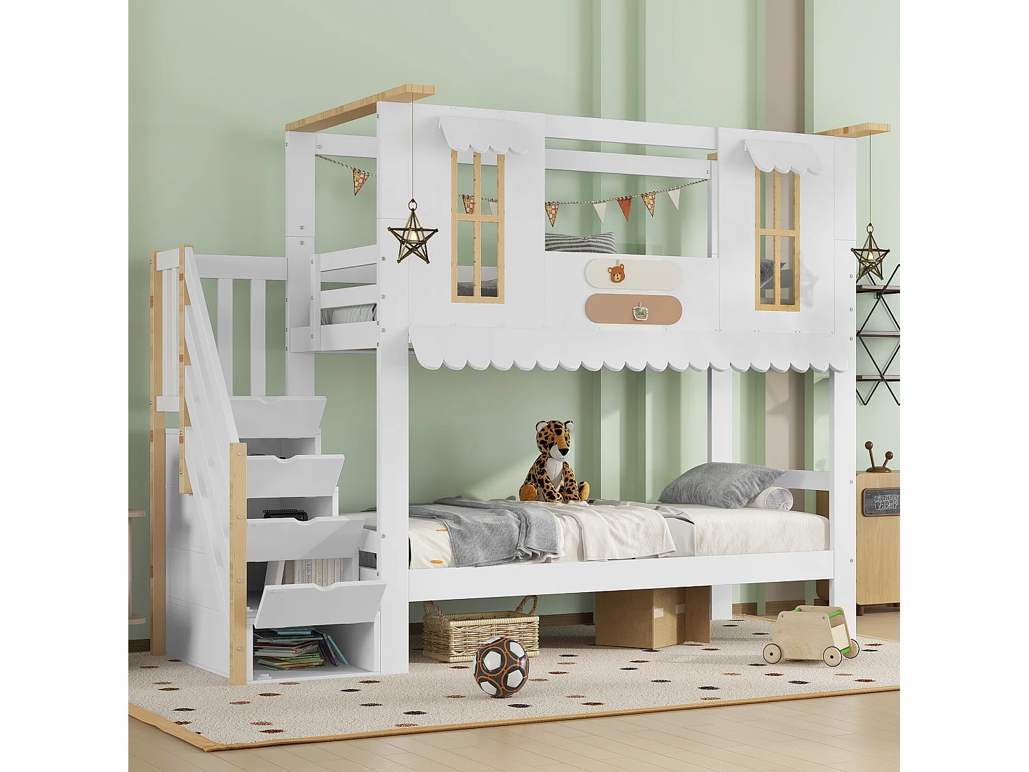 Litera infantil - 2 x 90 x 200 cm - con escalera de almacenaje + ventanas - pino + MDF - blanco + natural