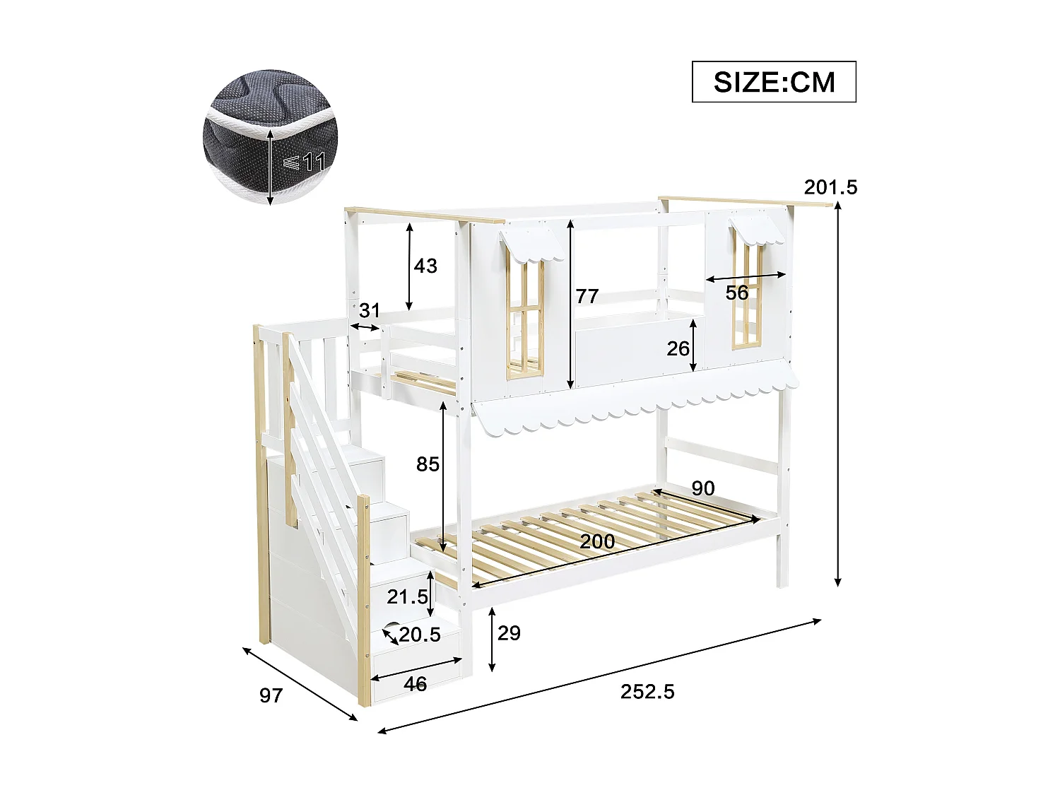 Litera infantil - 2 x 90 x 200 cm - con escalera de almacenaje + ventanas - pino + MDF - blanco + natural