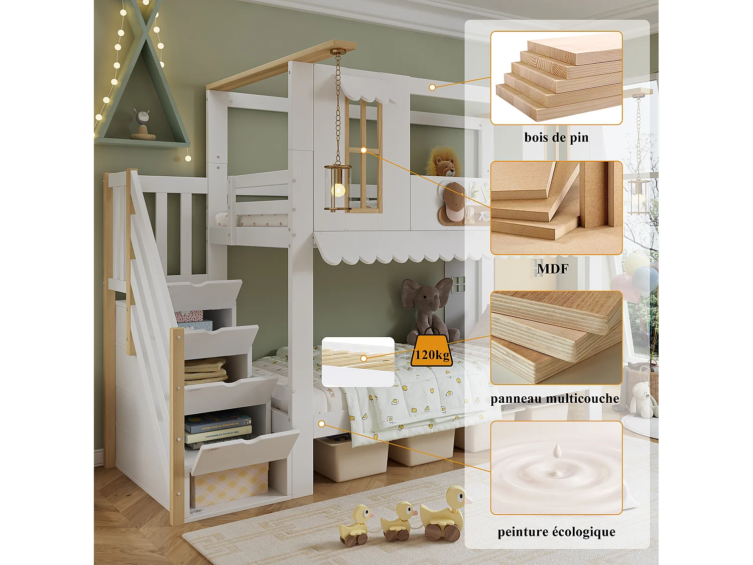 Litera infantil - 2 x 90 x 200 cm - con escalera de almacenaje + ventanas - pino + MDF - blanco + natural