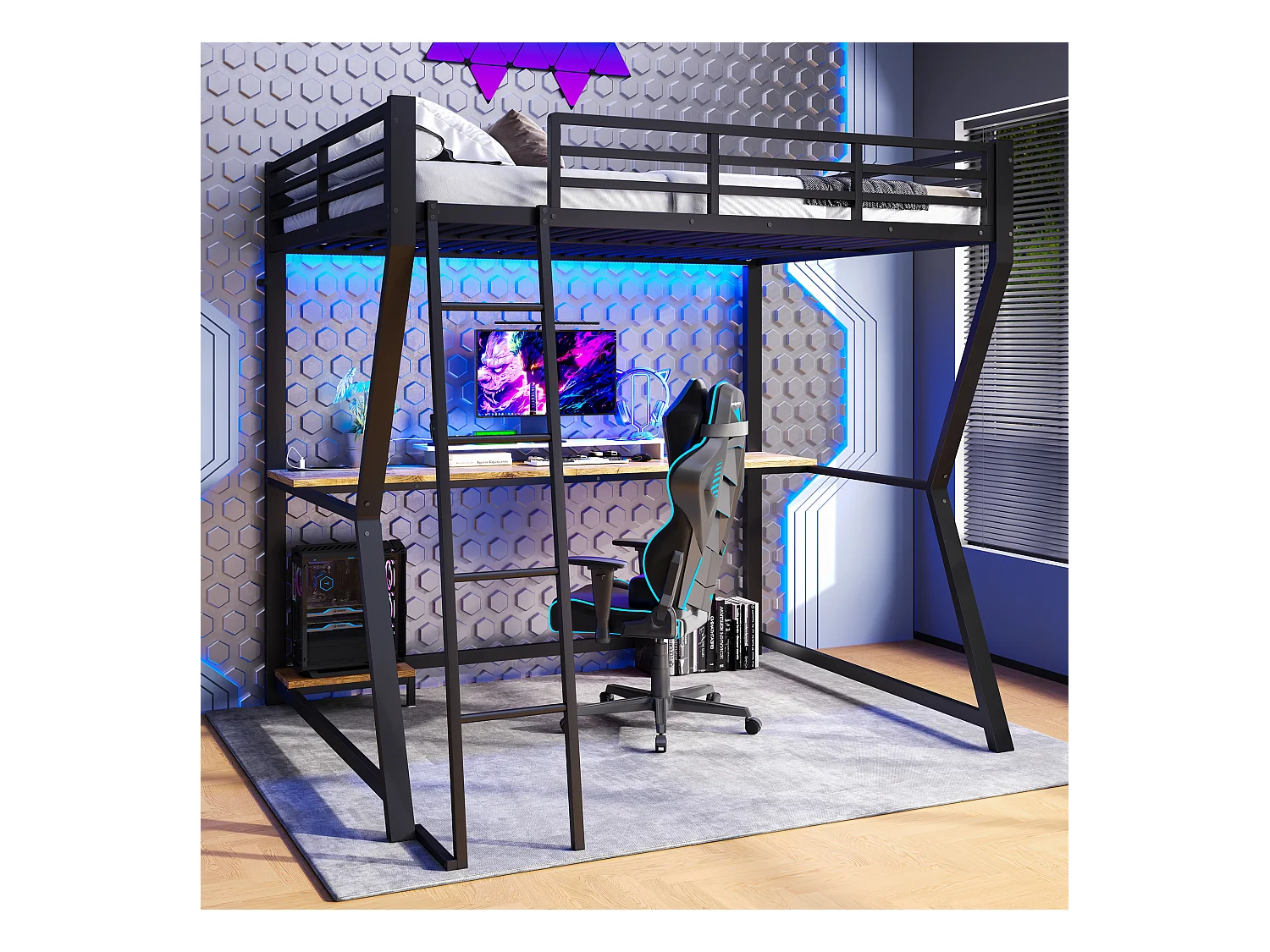 Lit mezzanine enfant - 140 x 200 cm - avec Leds + étagère + bureau + USB - Métal - noir