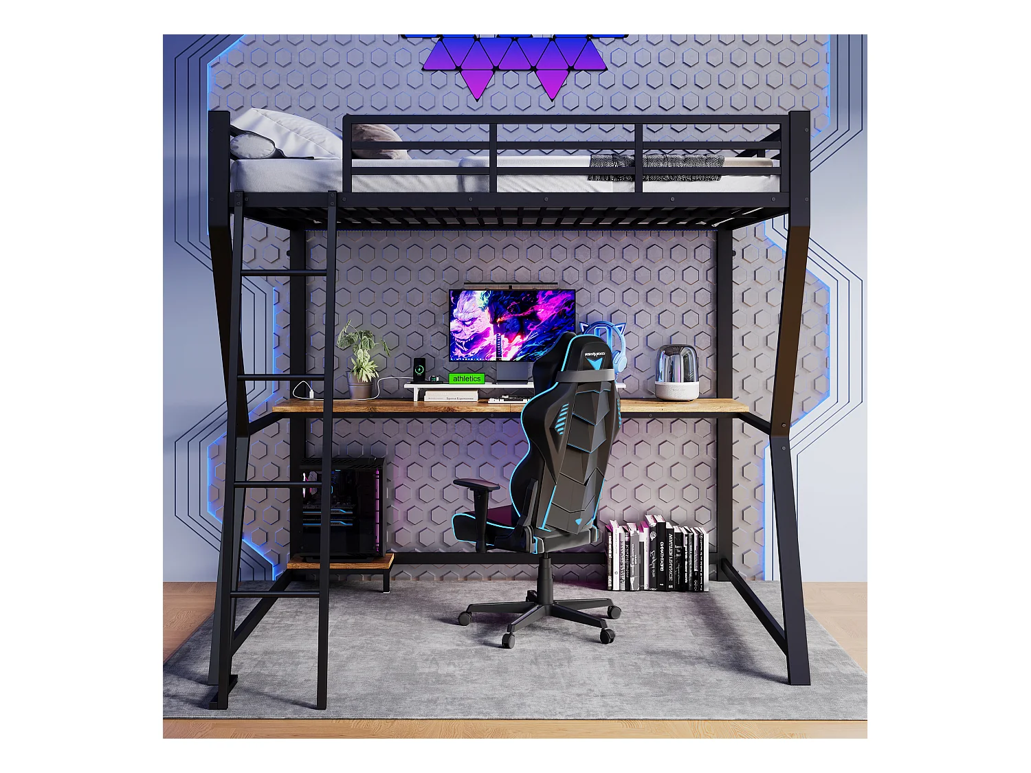 Lit mezzanine enfant - 140 x 200 cm - avec Leds + étagère + bureau + USB - Métal - noir